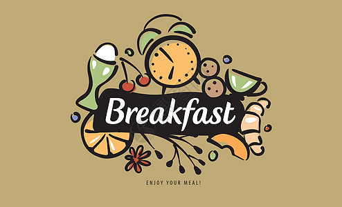 一套彩绘的早餐产品 采用徽章形式面包厨师菜单晚餐餐具卡片餐厅烹饪横幅海报图片