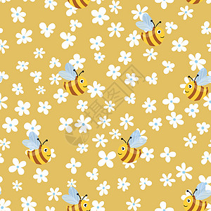 与蜜蜂在彩色花卉背景上的无缝模式 小黄蜂 矢量图 可爱的卡通人物 邀请卡纺织面料的模板设计 涂鸦样式样本卡通片昆虫吉祥物蜂巢翅膀图片