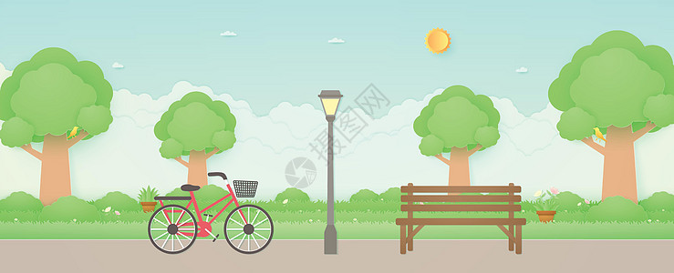 春天在花园里骑自行车 在树盆上放着木凳和街灯鸟 在草地上放着花 在艺术风格上图片