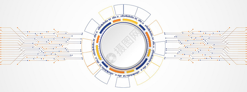 蓝色和橙色渐变数字圆圈和电路板图案上的抽象彩色技术背景白色圆圈横幅商业橙子一体化创新电脑推介会数据母板插图网站图片
