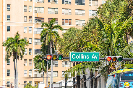 美国佛罗里达州迈阿密著名的科林斯大道街牌号装饰蓝天假期酒店旅游艺术建筑蓝色海滩驾驶图片