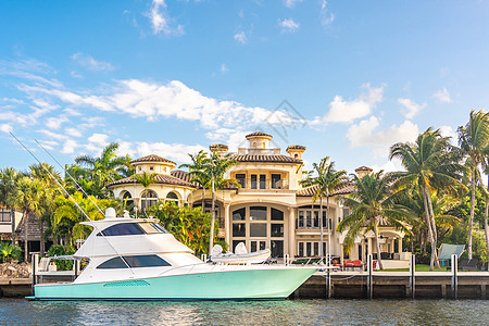 佛罗里达劳德代尔堡豪华海滨大宅游艇旅行水路建筑学住宅房子财产奢华热带海洋背景图片
