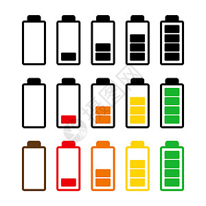 电池充电水平图标集 手机蓄电池电量指示灯符号 简单的平面设计 在白色上隔离的矢量图电话碱性指标手机界面收费力量插图充值技术图片