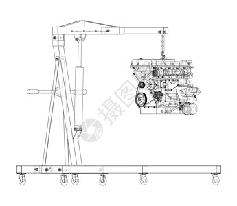 带发动机的发动机提升机 韦克托检查蓝图草图车站维修工具车轮3d引擎运输图片