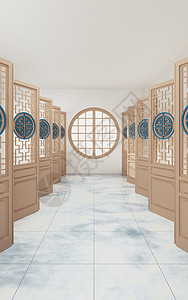 中式房间白色背景3d渲染大理石装饰品远古地面圆形屏幕框架阴影窗户木头图片
