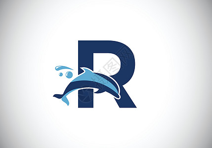 带有海豚标志设计的初始 R 单字字母表 水动物图标 字体标志 商业和公司身份的现代矢量标识蓝色运动冲浪餐厅海浪野生动物生活艺术乐图片
