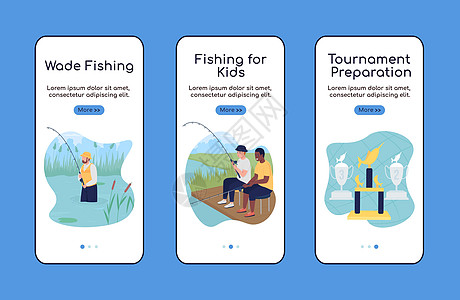 带钓鱼登机移动应用程序屏幕平面矢量模板的露营之旅图片