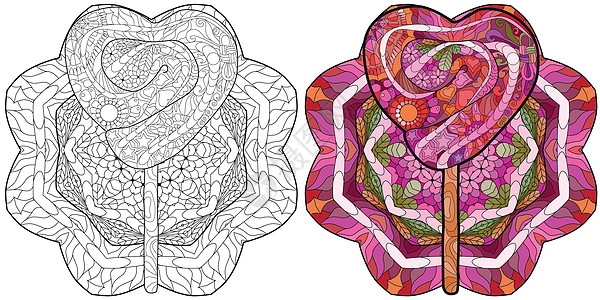 矢量棒棒糖 带有抽象装饰品 用于在有图案的圆形基板上装饰 用于着色插图笨蛋糕点墙纸打印调色师禅绕时间植物学染色图片