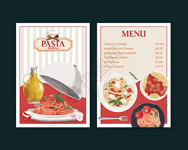 菜单模板与意大利面 cancept 水彩风格餐厅广告面条配料午餐营销插图小酒馆烹饪咖啡店图片