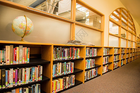 学校图书馆藏着丰富多彩的书籍 顶架上坐着一个地球球 学习设置图片