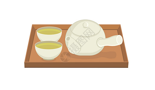 茶托盘向量集的茶壶和两个平面样式的杯子 茶道理念插画