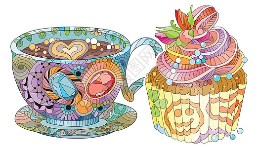 带蛋糕和抽象装饰品的矢量咖啡或茶杯染色插图压力打印沉思禅绕糕点时间艺术杯子图片