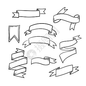 手绘丝带套装 涂鸦风格黑色矢量图片