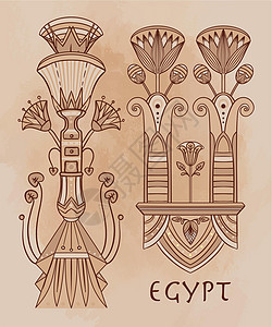 埃及花卉设计元素设置在米色垃圾背景上 莲花图古董植物宝藏博物馆插图绘画收藏文明历史装饰图片