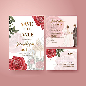 带有红色海军婚礼概念 水彩风格的婚礼卡模板邀请函营销玫瑰花园插图花束树叶叶子绘画庆典图片