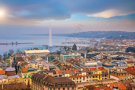 日内瓦市与日内瓦湖的天际线 瑞士城市风景日落建筑建筑学喷泉旅行景观天空全景城市天线图片