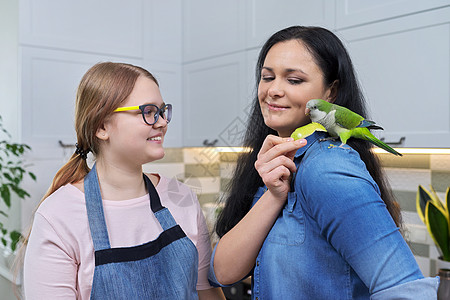 友善快乐的家庭 妈妈和少龄女儿的肖像 绿色鹦鹉女士肩膀宠物拥抱母亲孩子们动物房子青少年父母图片