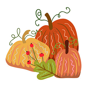 暖色调的秋季元素与南瓜 秋季的矢量设计插图风格横幅蔬菜庆典涂鸦丰收卡通片感恩时间图片