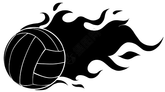 排球球火运动效果与热燃烧的火焰黑色剪影图片