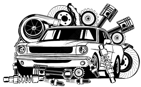 黑色和白色的老式汽车和组件系列吸收器维修车库震惊圆圈机器传播引擎运输技术图片