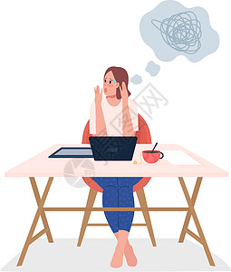 强调员工半平面颜色矢量特征动画片工作桌子姿势女性自由职业者电脑困惑压力职场图片