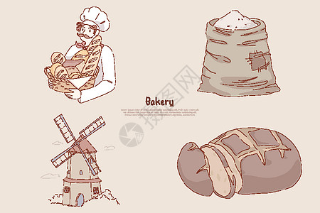 面包师拿着篮子 上面放着美味的烘焙小麦面粉麻袋风车切片黑麦面包糕点店旗帜图片