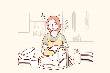 年轻女子在厨房里洗碗和听音乐 心情很好 在家打扫卫生和唱歌的快乐女孩图片