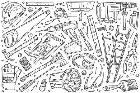 手绘家庭维修设置涂鸦矢量背景房间服务屏幕地面安装成人锤子头盔工人斧头图片