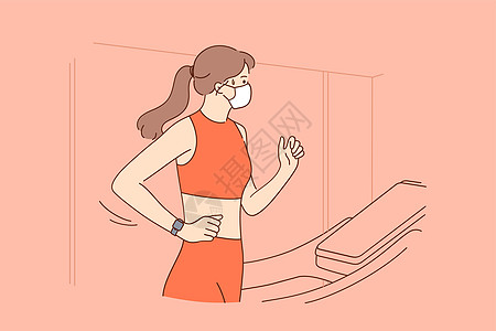 冠状病毒大流行概念期间的运动健康生活女性身体身材跑步机运动员体操口罩健身房训练图片