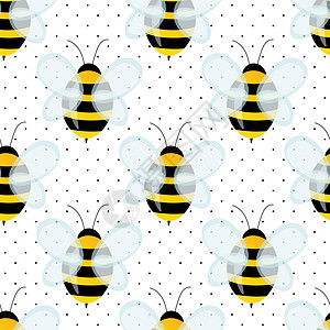 与白色圆点背景上的蜜蜂的无缝模式 小黄蜂 矢量图 可爱的卡通人物 邀请卡纺织面料的模板设计 涂鸦样式吉祥物蜂巢荒野动物工人漫画蜂图片