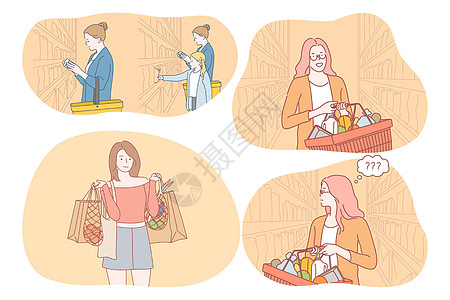 购物超市杂货店概念男生架子店铺市场女性女士消费者商业大卖场卡通片图片