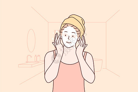 美容护肤保健化妆治疗概念奶油卡通片女士温泉软膏管子头发面具插图美丽图片