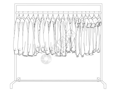 挂在衣架上的衣服轮廓被隔离在白色背景上 商店衣架上的衣服 它制作图案矢量牛仔裤女性配件架子物品女孩夹克插图精品裙子图片