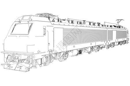 从孤立在白色背景上的黑色线条的电力机车轮廓 详细的火车 它制作图案矢量图片