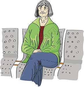 一位老妇人坐在长凳上 炫彩矢量图图片