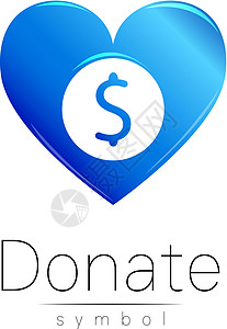 筹集捐赠标志图标 捐钱的心 慈善机构或捐赠基金的象征 人类的帮助 在白色背景上 矢量 蓝色设计图片