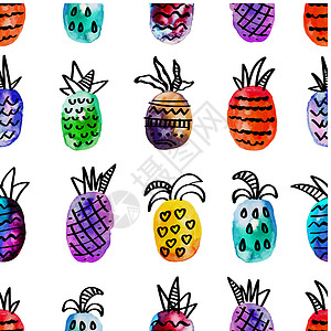 矢量水彩无缝图案与七彩彩虹菠萝和黑色手绘元素 在白色背景上 有创意的设计 现代风格 红绿黄橙绘画蓝色圆圈艺术标签水粉印迹打印紫色图片