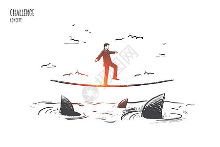 挑战概念 手绘孤立的矢量风险勇气危险控制男人刻字鲨鱼商业专注成人图片