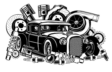黑色和白色的老式汽车和组件系列运输圆圈吸收器传播齿轮艺术维修机器收藏车轮图片