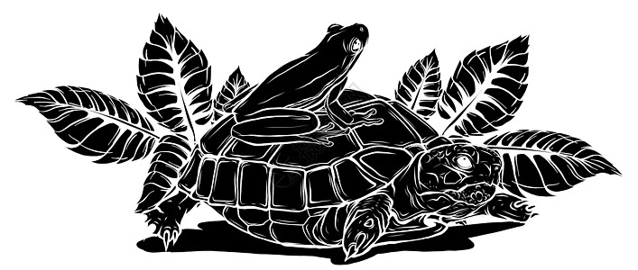 黑色剪影卡通乌龟在树叶树桩 vecto 上摆姿势图片
