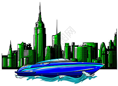 矢量图的摩天大楼背景上的豪华私人船插图发动机天际运输港口速度办公室景观汽艇城市图片