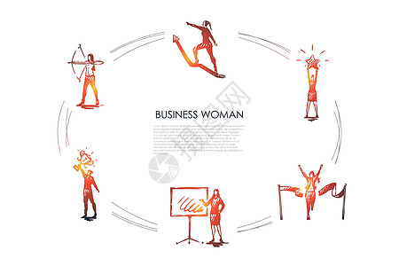 女商务人士手持明星的女性射箭与奖杯交叉完成攀登箭头向上矢量概念 se领导头脑企业家团体商务优胜者人士咨询插图风暴图片