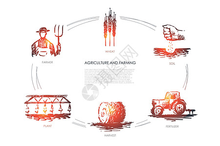 农业和农业矢量概念 se肥料培育农民车辆手绘自动化国家乡村生长干草图片