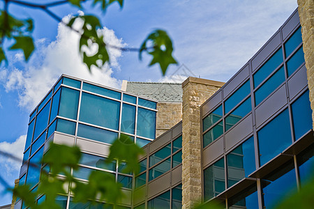 蓝色天空窗户覆盖的高楼玻璃面板盖的建筑物图片