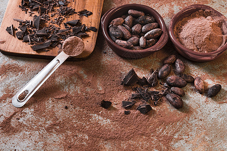 蛋白巧克力碎果可可豆碗生锈背景 高质量美景概念图片