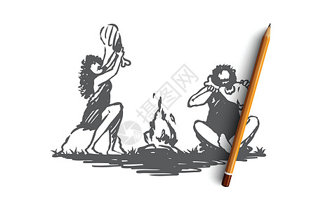原始人篝火洞穴是一个古老的概念 手绘孤立的矢量毛皮时代猎人人类学草图男人石器荒野营火早餐图片