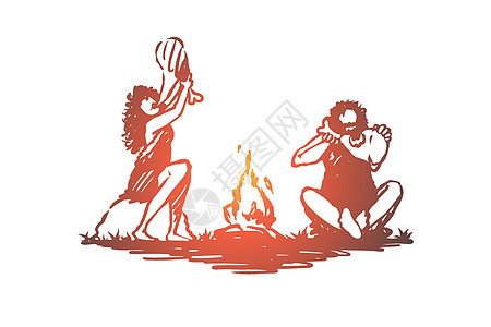 原始人篝火洞穴是一个古老的概念 手绘孤立的矢量男人猎人早餐插图人类学营火草图毛皮石器时代烘烤图片