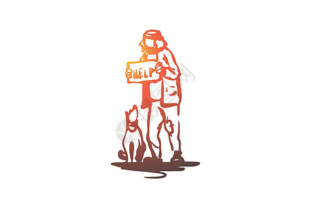 概念 手绘孤立的矢量帮助成人宠物工作失业经济街道流浪汉草图插图图片