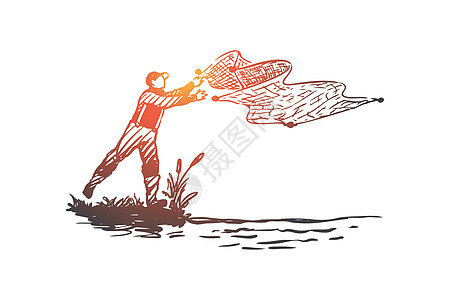 概念 手绘孤立的矢量草图插图海洋钓鱼渔民太阳男人日落食物行动图片