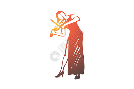 小提琴古典音乐女子音乐会概念 手绘孤立的矢量女性音乐家快乐草图小提琴家旋律插图女孩细绳乐器图片
